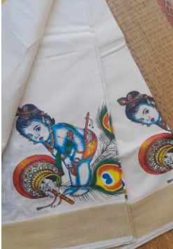 KERALA KRISHNA cotton kasavu printed saree / Kerala kasavu onam cotton sarees with gold border - WYNAMIX store