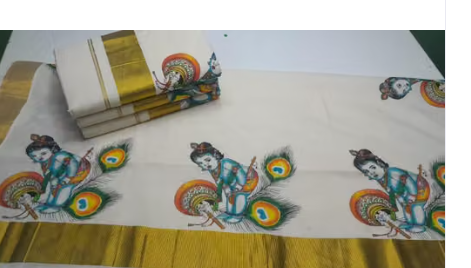 KERALA KRISHNA cotton kasavu printed saree / Kerala kasavu onam cotton sarees with gold border - WYNAMIX store