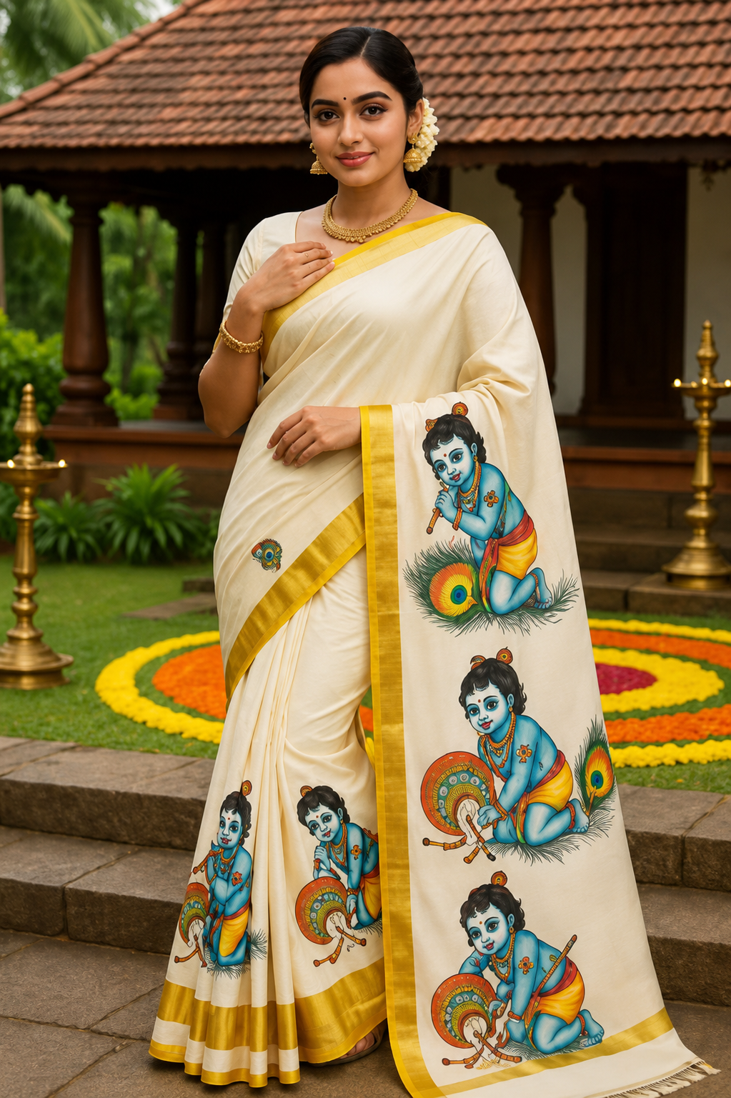 KERALA KRISHNA cotton kasavu printed saree / Kerala kasavu onam cotton sarees with gold border - WYNAMIX store