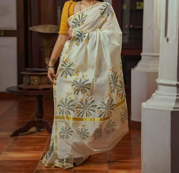 Floral print handloom kerela kasavu jari saree - WYNAMIX store