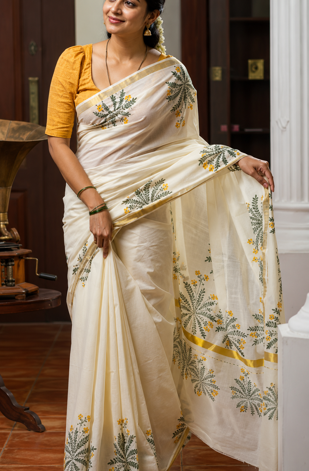 Floral print handloom kerela kasavu jari saree - WYNAMIX store