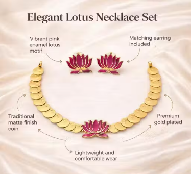 Traditional Lotus Coin Necklace Set for Women | Premium Gold Plated Matte Finish Lakshmi Coin Design with Pink Enamel Pendant & Matching Earrings | Temple Jewellery Set for Wedding & Festive Wear - WYNAMIX store