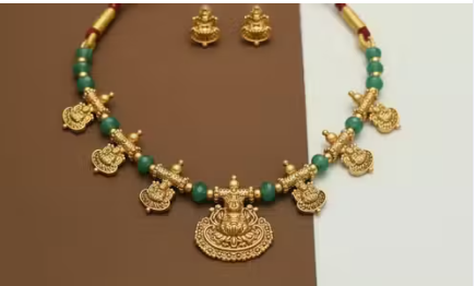 Antique Gold Temple Necklace Set with Goddess Lakshmi Design Green bead accents for a royal look - WYNAMIX store