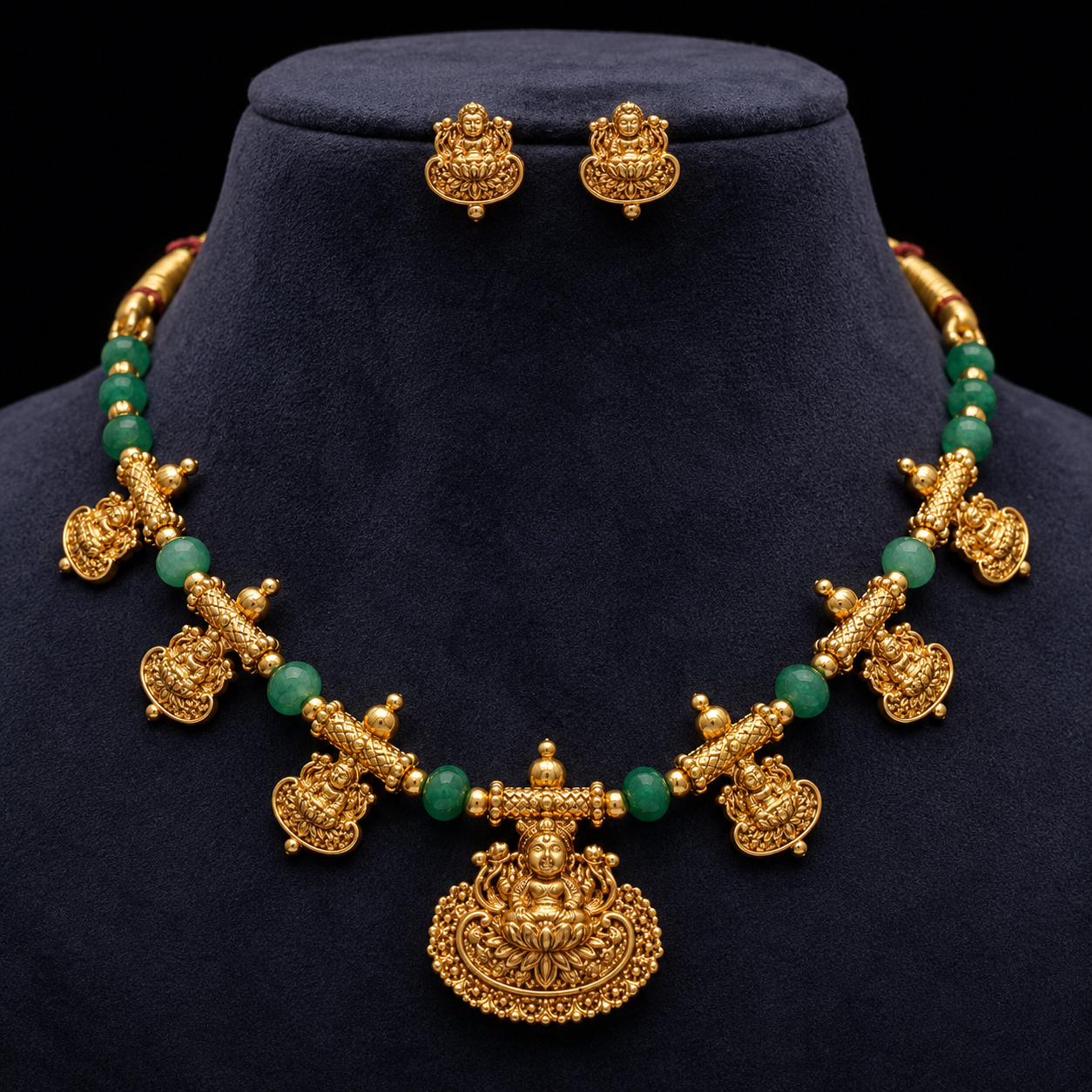 Antique Gold Temple Necklace Set with Goddess Lakshmi Design Green bead accents for a royal look - WYNAMIX store