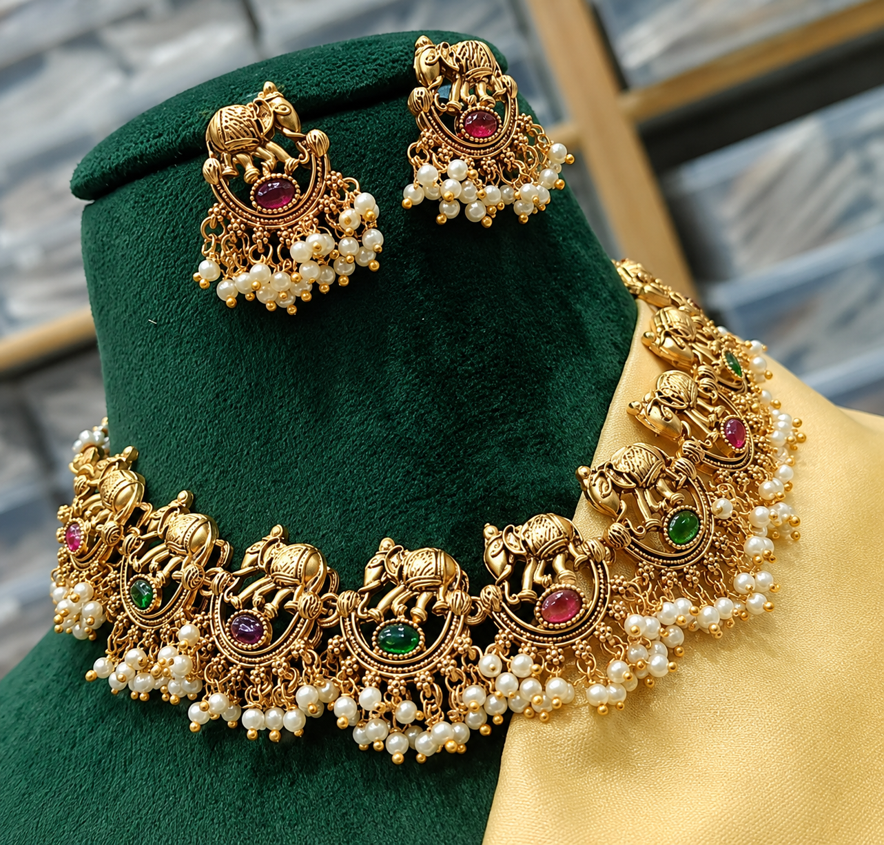 SHREE ADINATH CREATIONS Traditional South Indian  Jewellery Sets II Gold Plated Elegant Necklace Set || Pearl And Elephant Design || Beautiful and Attractive Necklace Set || For Wedding And Party II Gift for Rakhi II  - WYNAMIX store