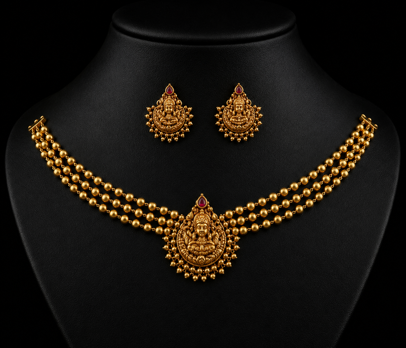 gold-plated Lakshmi design beads choker set with matching earrings.  - WYNAMIX store