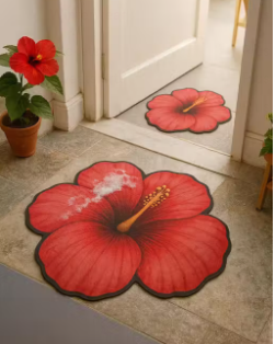 Premium Red Hibiscus Flower Shape Floor Mat | Soft Velvet Anti-Slip Door Mat | Washable Entrance Mat for Home Decor - WYNAMIX store
