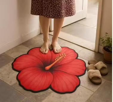Premium Red Hibiscus Flower Shape Floor Mat | Soft Velvet Anti-Slip Door Mat | Washable Entrance Mat for Home Decor - WYNAMIX store