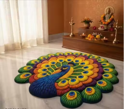 Peacock Blue Rubber Floor Mat 55x55 Cm | 3D Peacock Design, Soft & Comfortable, Water Absorbent, Dirt Resistant, Anti Skid | Waterproof PVC Washable | Door Mat Doormat Doormate Doormatt | Rangoli Mat | Bathmat Bathmats Bathmate | 1 Pc  - WYNAMIX store