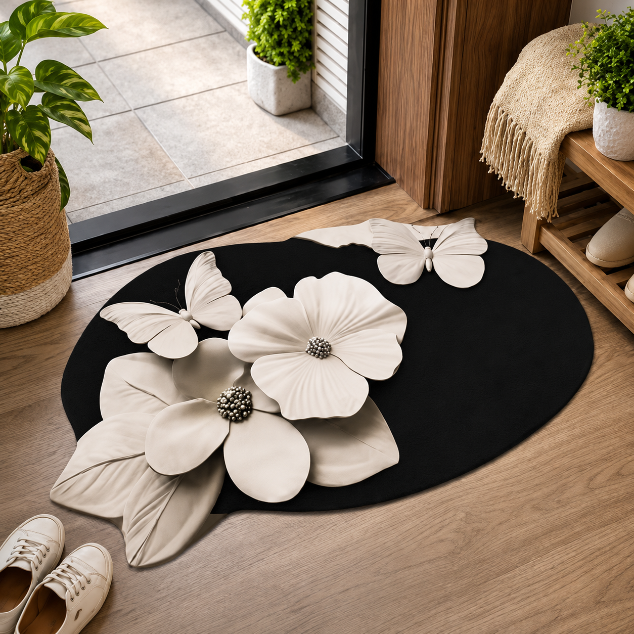 Rubber 3D Printed Floral Butterfly  Door Mat | Anti-Skid Waterproof Entrance Doormat | Washable Indoor & Outdoor Floor Mat | Heavy Duty Dust & Dirt Trap | Living Room, Bathroom, Kitchen & Main Door | 40 x 60 cm | Black - WYNAMIX store