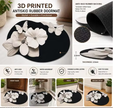 Rubber 3D Printed Floral Butterfly  Door Mat | Anti-Skid Waterproof Entrance Doormat | Washable Indoor & Outdoor Floor Mat | Heavy Duty Dust & Dirt Trap | Living Room, Bathroom, Kitchen & Main Door | 40 x 60 cm | Black - WYNAMIX store