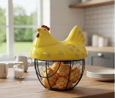 S.S HANDICRAFTS  Metal Net Egg Basket Storage Boxs with Lid, Hen Shape Design, Strawberry Pattern, Yellow and Black 19 Eggs Capacity  - WYNAMIX store