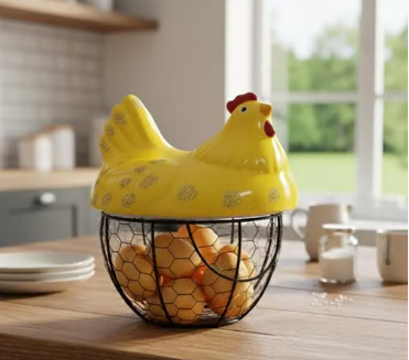 S.S HANDICRAFTS  Metal Net Egg Basket Storage Boxs with Lid, Hen Shape Design, Strawberry Pattern, Yellow and Black 19 Eggs Capacity  - WYNAMIX store