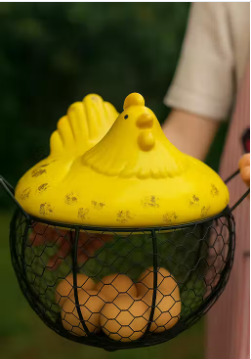 S.S HANDICRAFTS  Metal Net Egg Basket Storage Boxs with Lid, Hen Shape Design, Strawberry Pattern, Yellow and Black 19 Eggs Capacity  - WYNAMIX store