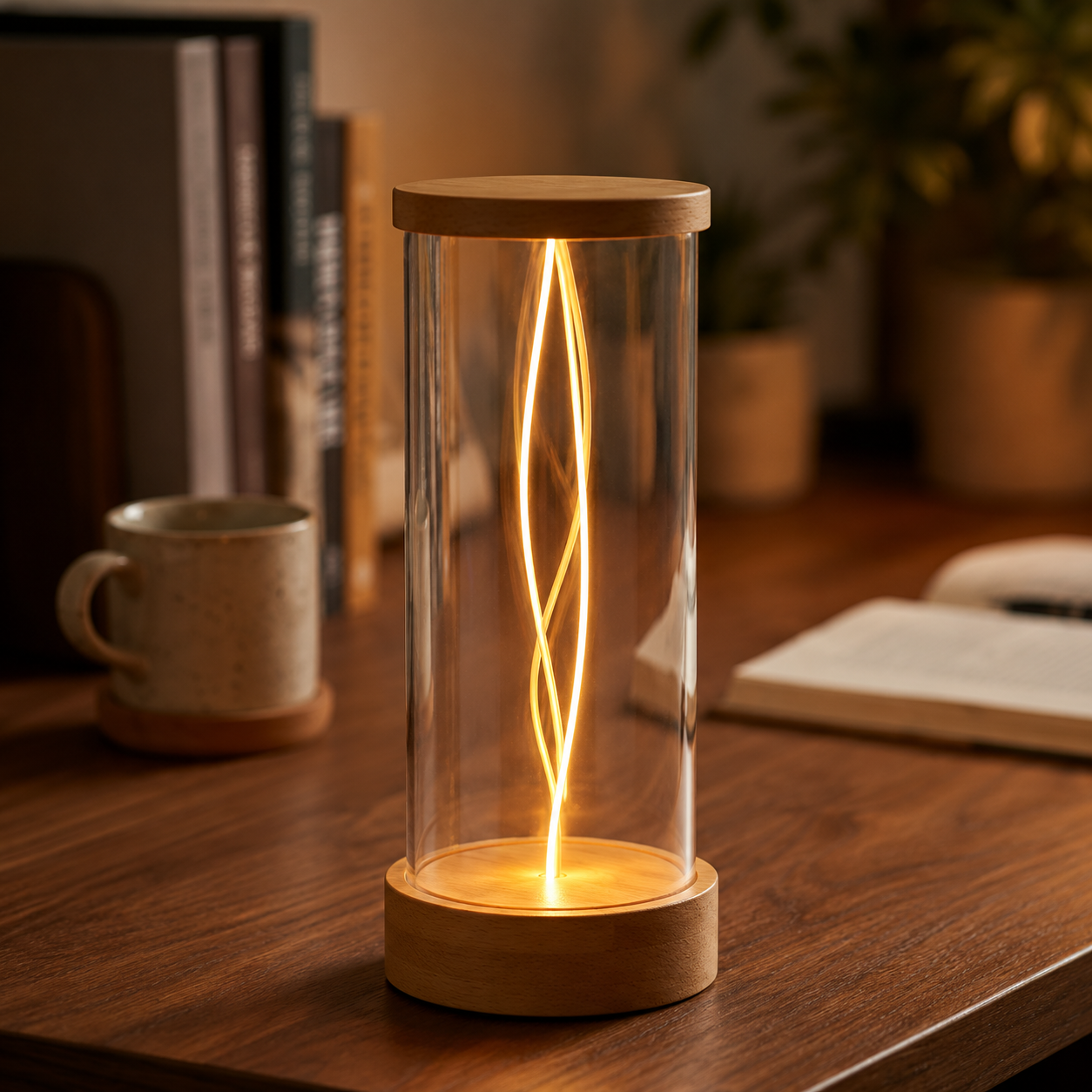 CREDLY Quantum Night Light Creative LED Desk Lamp Wood Base with Clear Glass Shade Unique Helix Design Warm Decorative Atmosphere Light Brown - WYNAMIX store