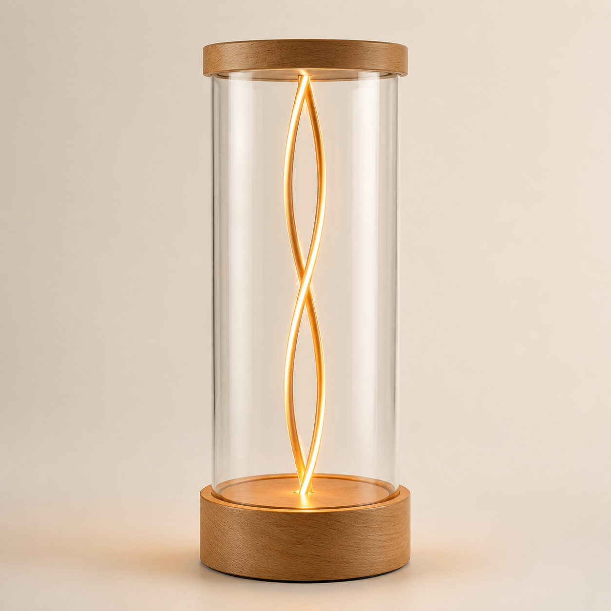 CREDLY Quantum Night Light Creative LED Desk Lamp Wood Base with Clear Glass Shade Unique Helix Design Warm Decorative Atmosphere Light Brown - WYNAMIX store