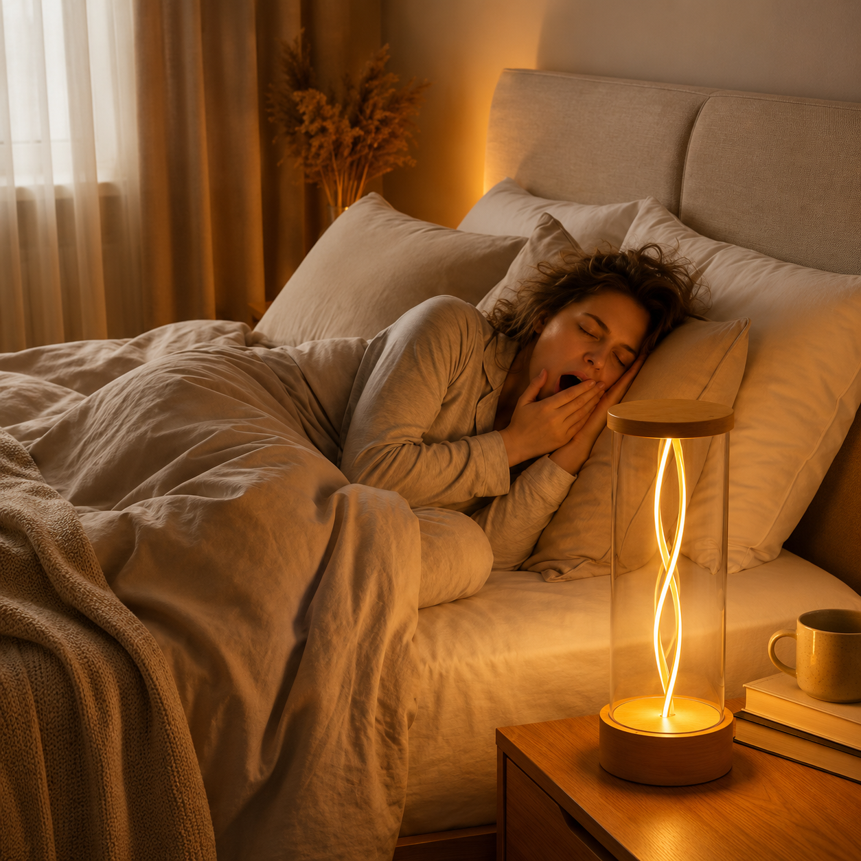 CREDLY Quantum Night Light Creative LED Desk Lamp Wood Base with Clear Glass Shade Unique Helix Design Warm Decorative Atmosphere Light Brown - WYNAMIX store