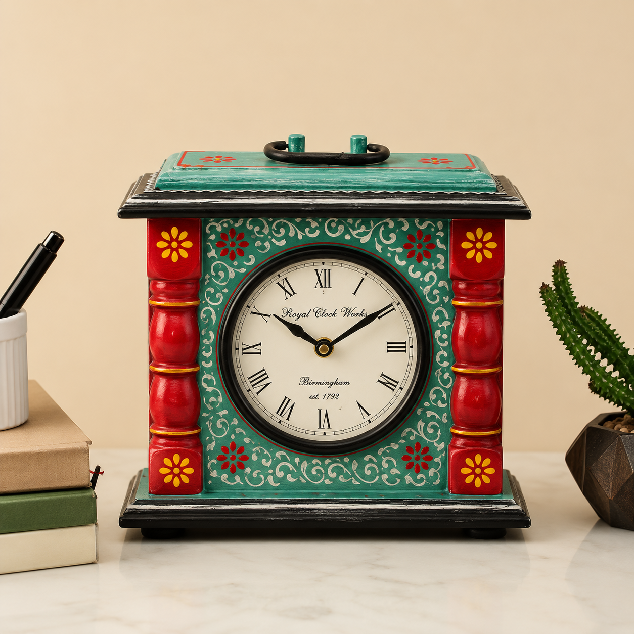 AKI Hand Painted Silent Non Ticking Small Clock Battery Operated, Simply Design, for Bedroon, Bedside, Desk I Wooden | Antique | Desk Clock (Size 8.5 x 9 Inches) (Battery not Included) - WYNAMIX store