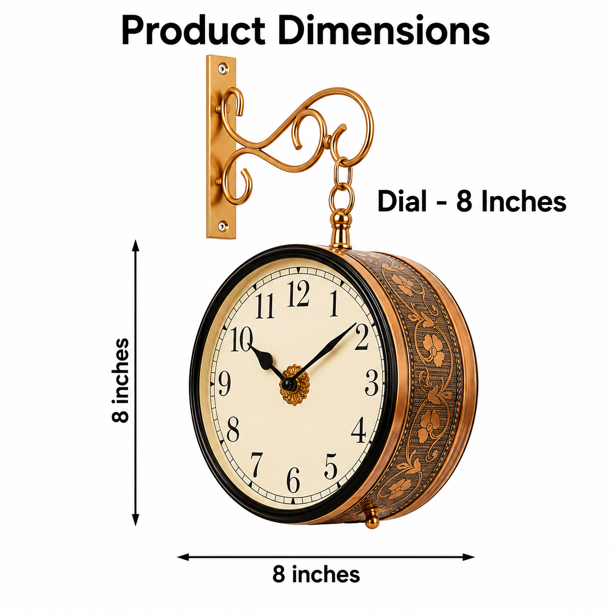 Metal Analog Double Sided Dial Wall Clock for Home Living Room Bedroom Office | Handcrafted Round Shape Analog Antique Style Diwar Ghadi, Clock with English Numbers (Rose Gold_8 Inches) - WYNAMIX store
