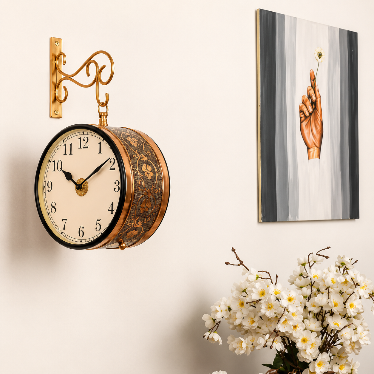 Metal Analog Double Sided Dial Wall Clock for Home Living Room Bedroom Office | Handcrafted Round Shape Analog Antique Style Diwar Ghadi, Clock with English Numbers (Rose Gold_8 Inches) - WYNAMIX store