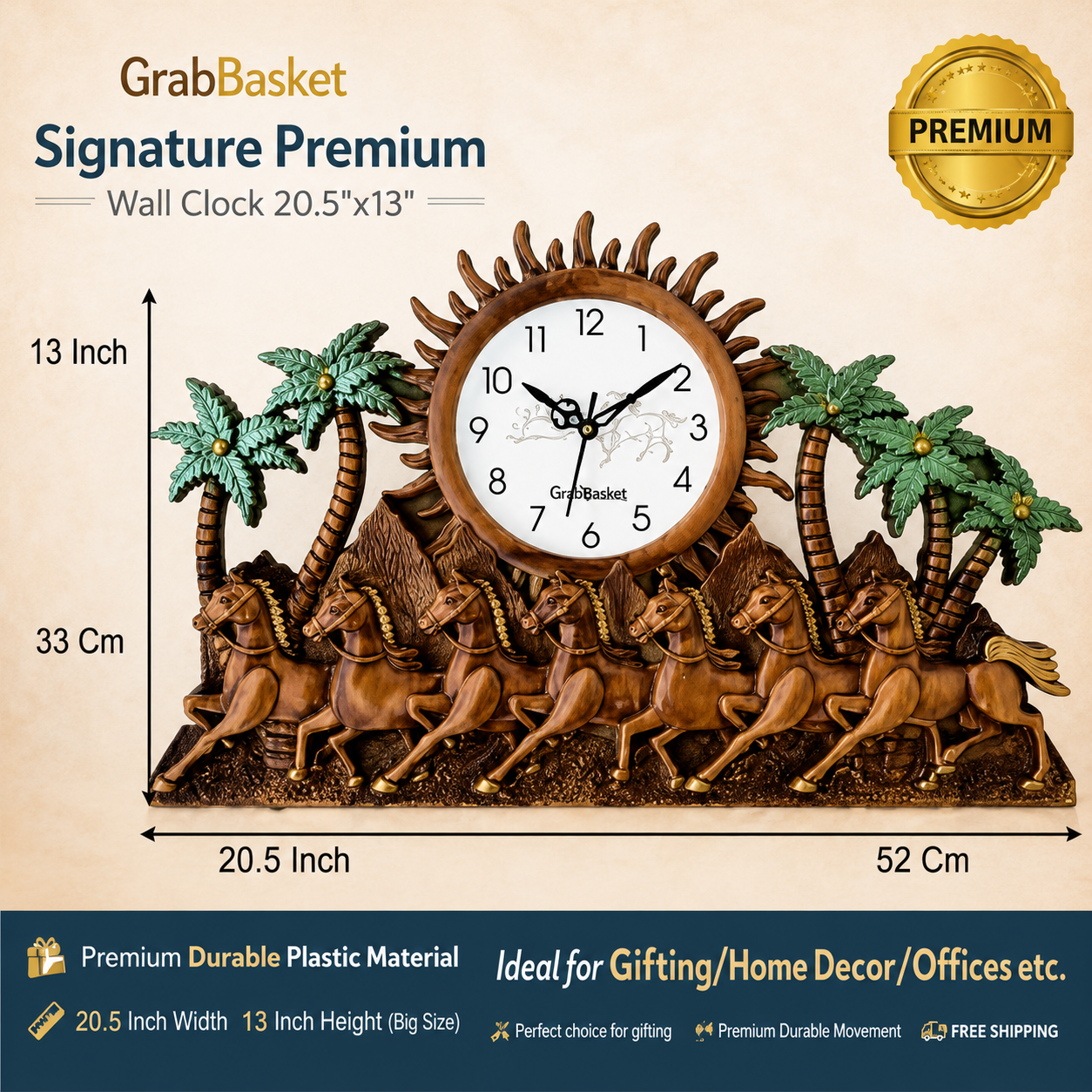 7 Horse wooden wall clock Brown color for Vastu - WYNAMIX store