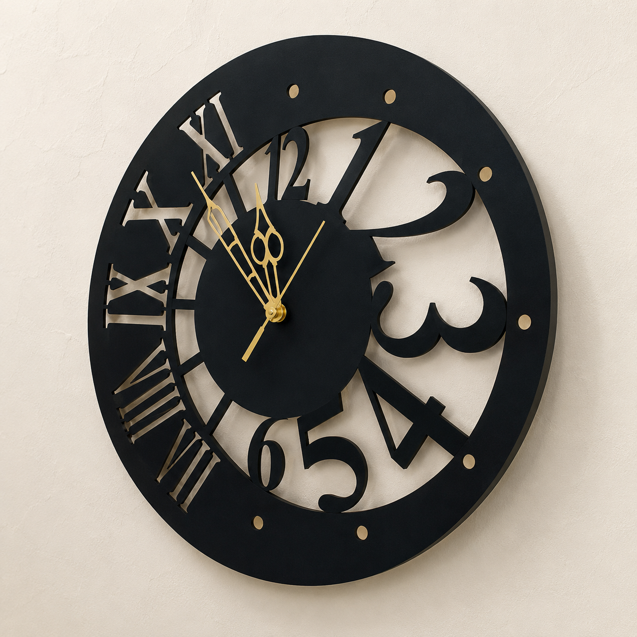 Electro India Black And Golden Half Numerical And Half Roman Number Design Classy And Stylish Trending Morden Wall Clock Circular Shape Different And Unique Metal Wall Clock  - WYNAMIX store