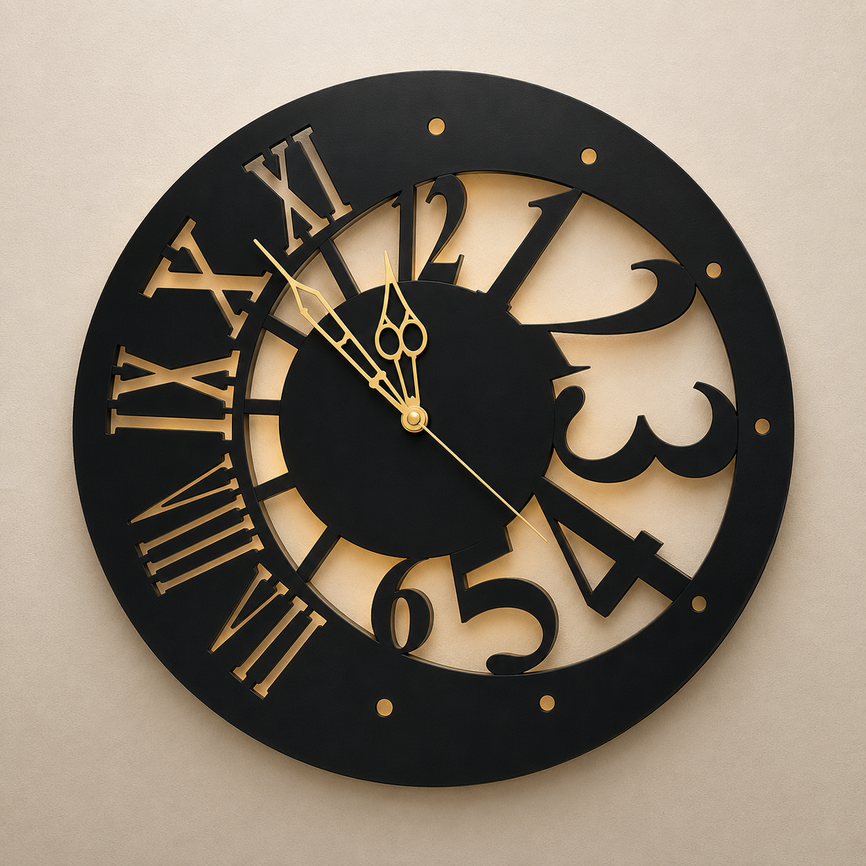 Electro India Black And Golden Half Numerical And Half Roman Number Design Classy And Stylish Trending Morden Wall Clock Circular Shape Different And Unique Metal Wall Clock  - WYNAMIX store