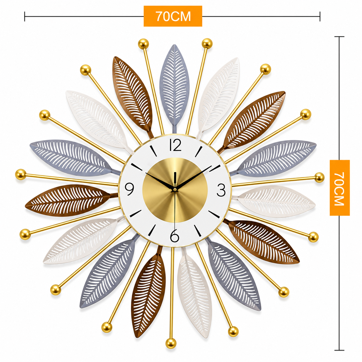Wall Clock 3D Sunburst Metal Wall Clocks, Ginkgo Leaf Design Large Silent Wall Clock, Modern Living Room Bedroom Kitchen - WYNAMIX store