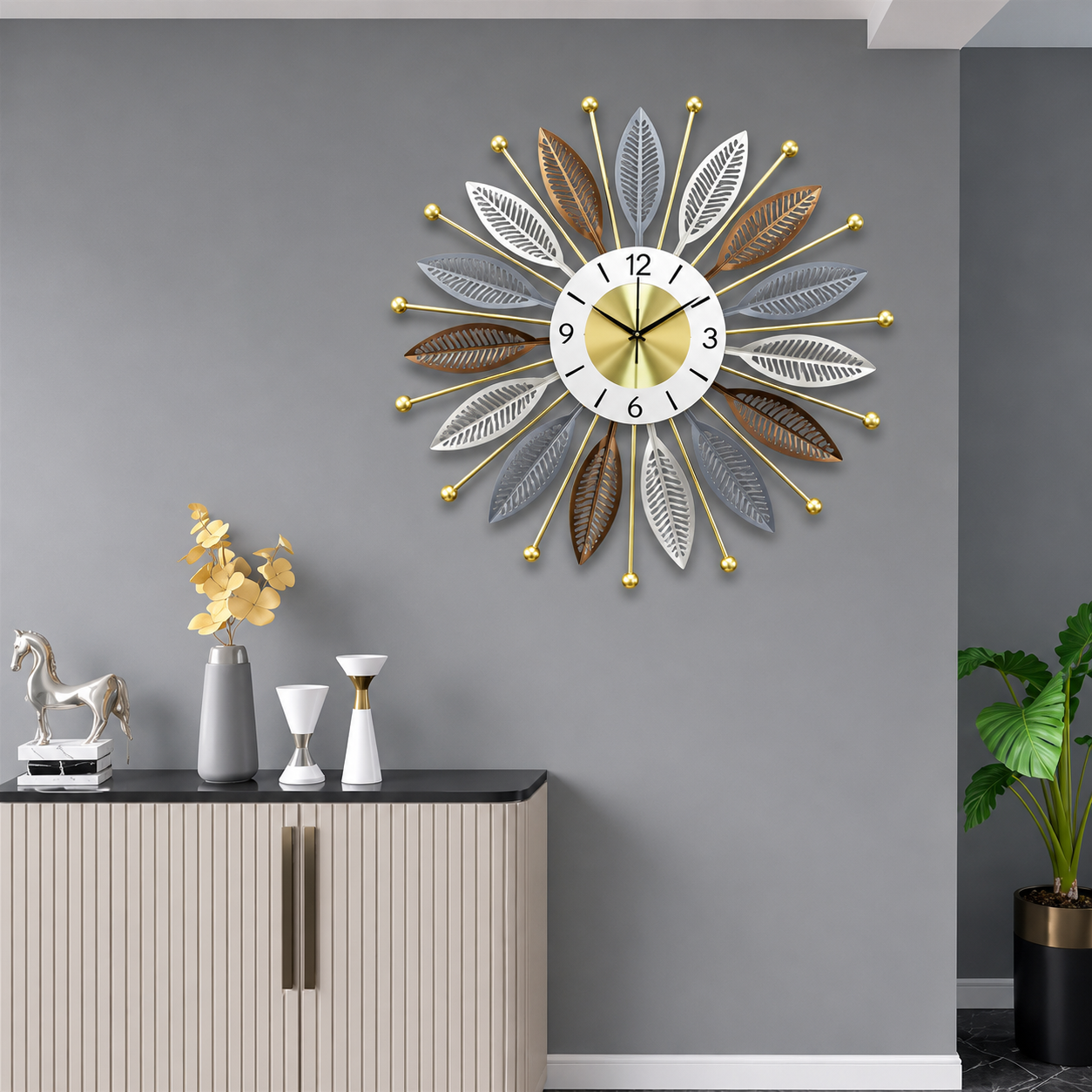 Wall Clock 3D Sunburst Metal Wall Clocks, Ginkgo Leaf Design Large Silent Wall Clock, Modern Living Room Bedroom Kitchen - WYNAMIX store