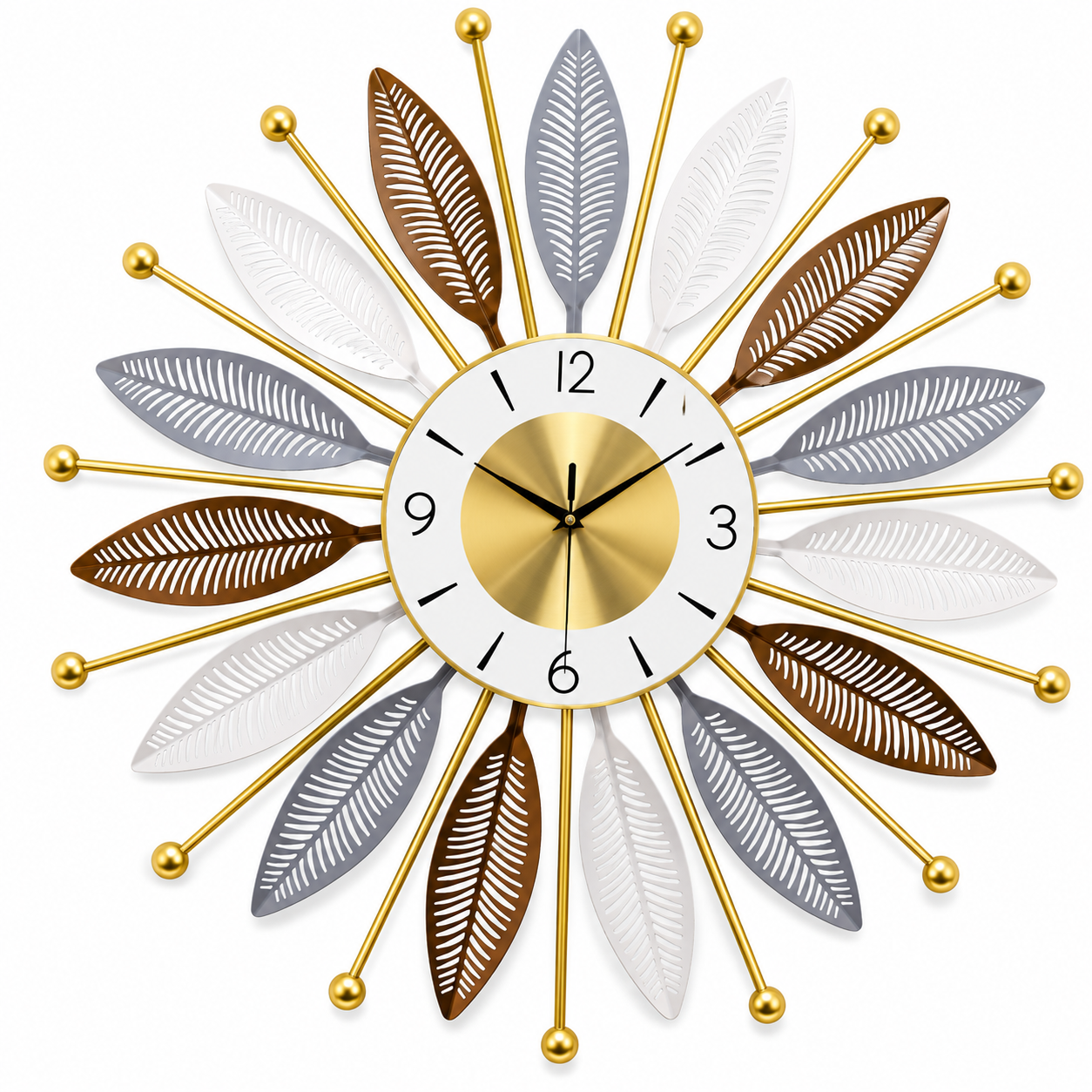 Wall Clock 3D Sunburst Metal Wall Clocks, Ginkgo Leaf Design Large Silent Wall Clock, Modern Living Room Bedroom Kitchen - WYNAMIX store
