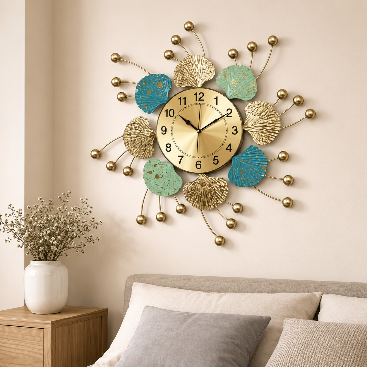 Designer Metal Wall Clock for Living Room | Premium Leaf Style Wall Decor | Elegant Gold Finish - WYNAMIX store
