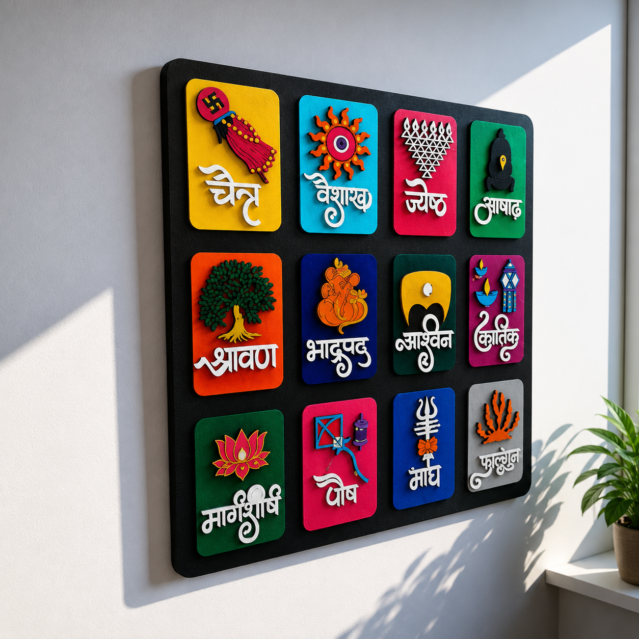 SoulStory Handmade 12 inch Wooden Hindu Calendar. Represents vibrant 12 months with lakshmi Lotus, Shiva Trident and Saraswati Yantra. - WYNAMIX store