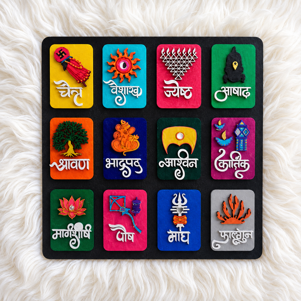 SoulStory Handmade 12 inch Wooden Hindu Calendar. Represents vibrant 12 months with lakshmi Lotus, Shiva Trident and Saraswati Yantra. - WYNAMIX store
