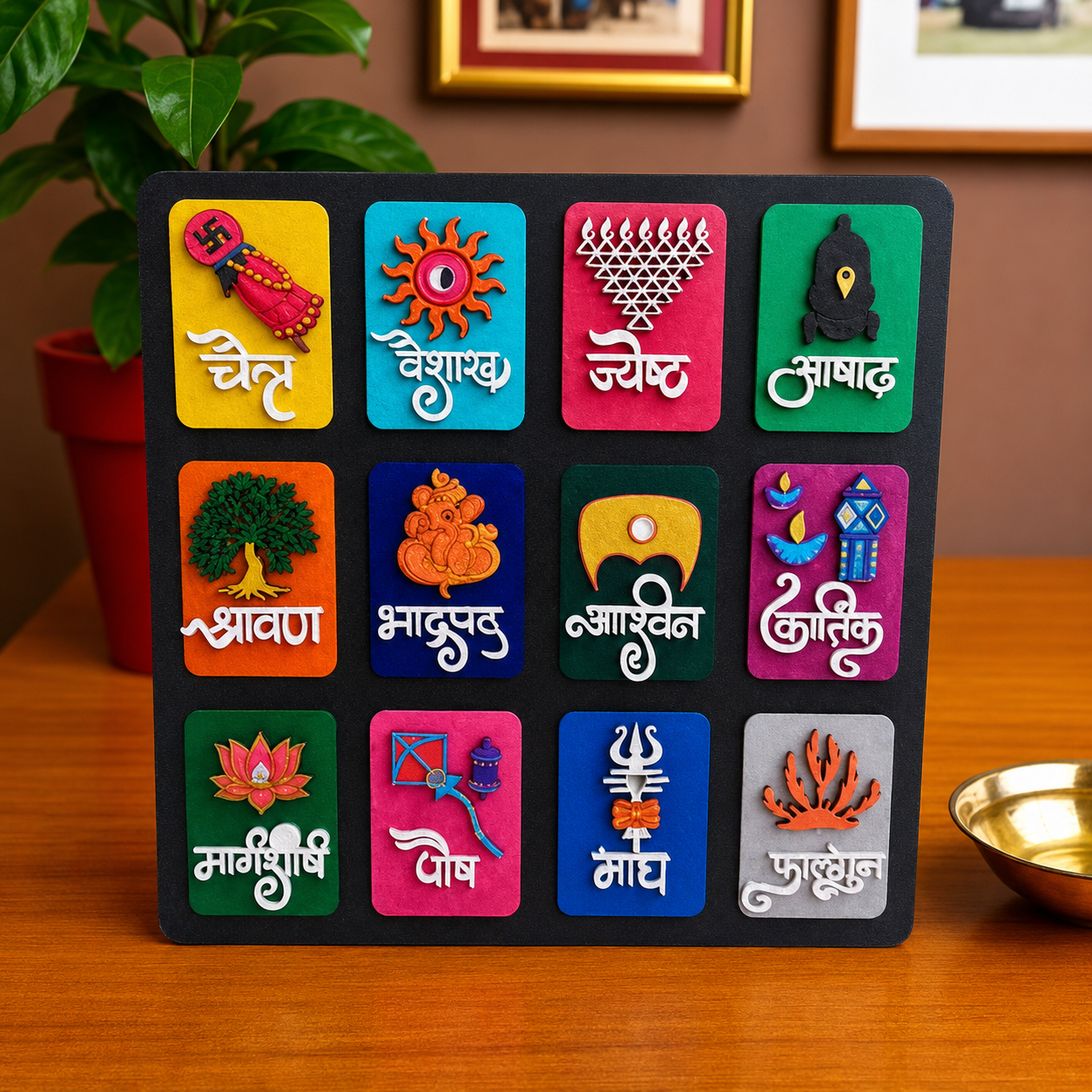SoulStory Handmade 12 inch Wooden Hindu Calendar. Represents vibrant 12 months with lakshmi Lotus, Shiva Trident and Saraswati Yantra. - WYNAMIX store