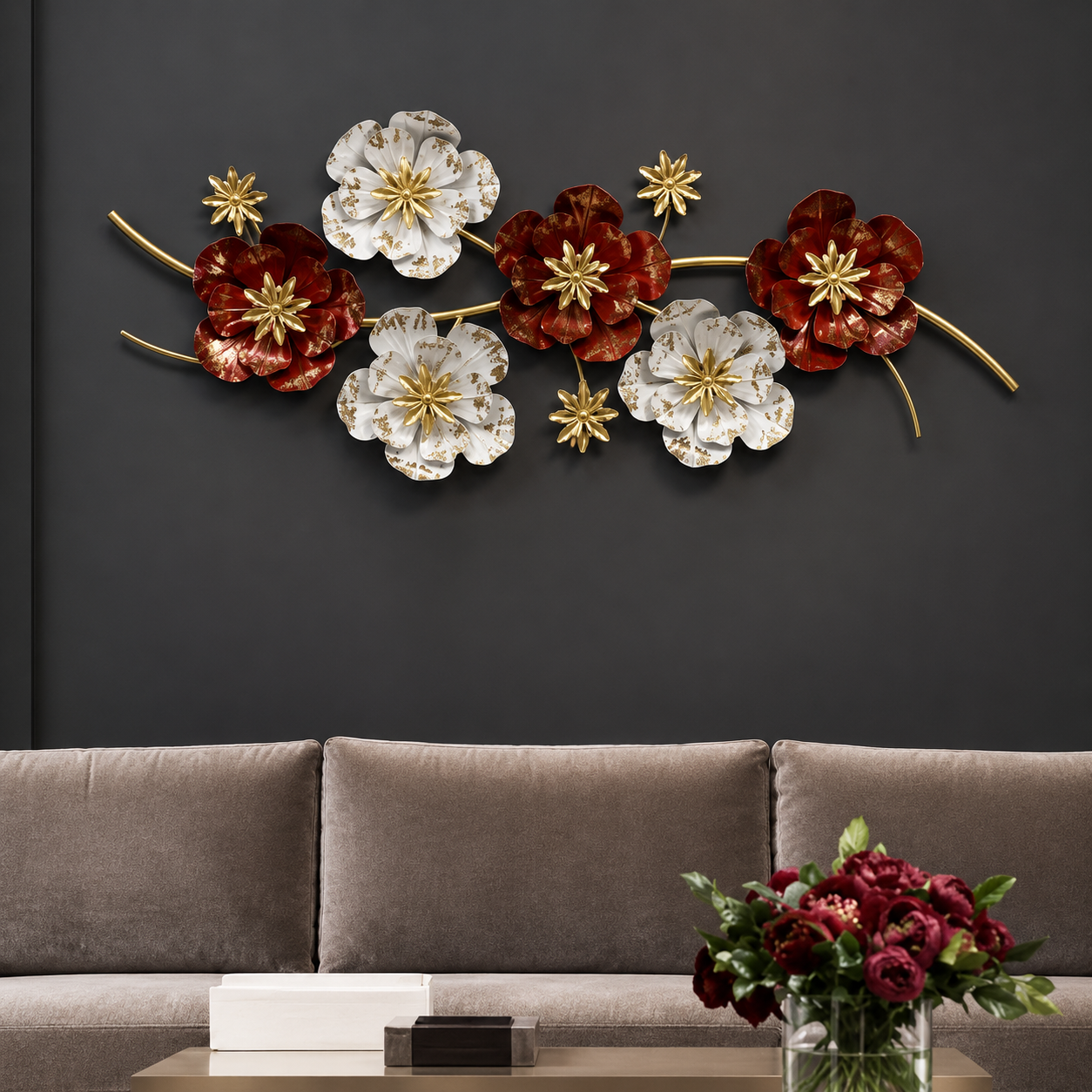 Metal Floral Wall Art Decor for Living Room & Bedroom - 3D Red & White Flower Wall Hanging Sculpture | Luxury Home Decoration Items - WYNAMIX store