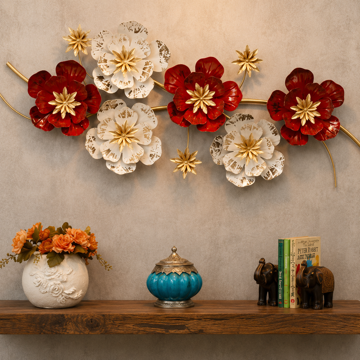 Metal Floral Wall Art Decor for Living Room & Bedroom - 3D Red & White Flower Wall Hanging Sculpture | Luxury Home Decoration Items - WYNAMIX store