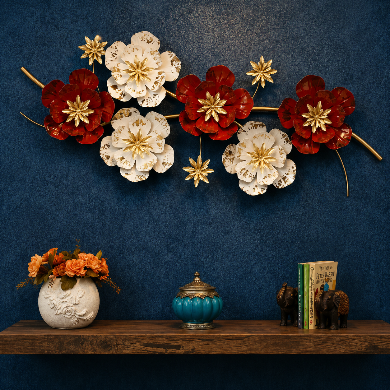 Metal Floral Wall Art Decor for Living Room & Bedroom - 3D Red & White Flower Wall Hanging Sculpture | Luxury Home Decoration Items - WYNAMIX store