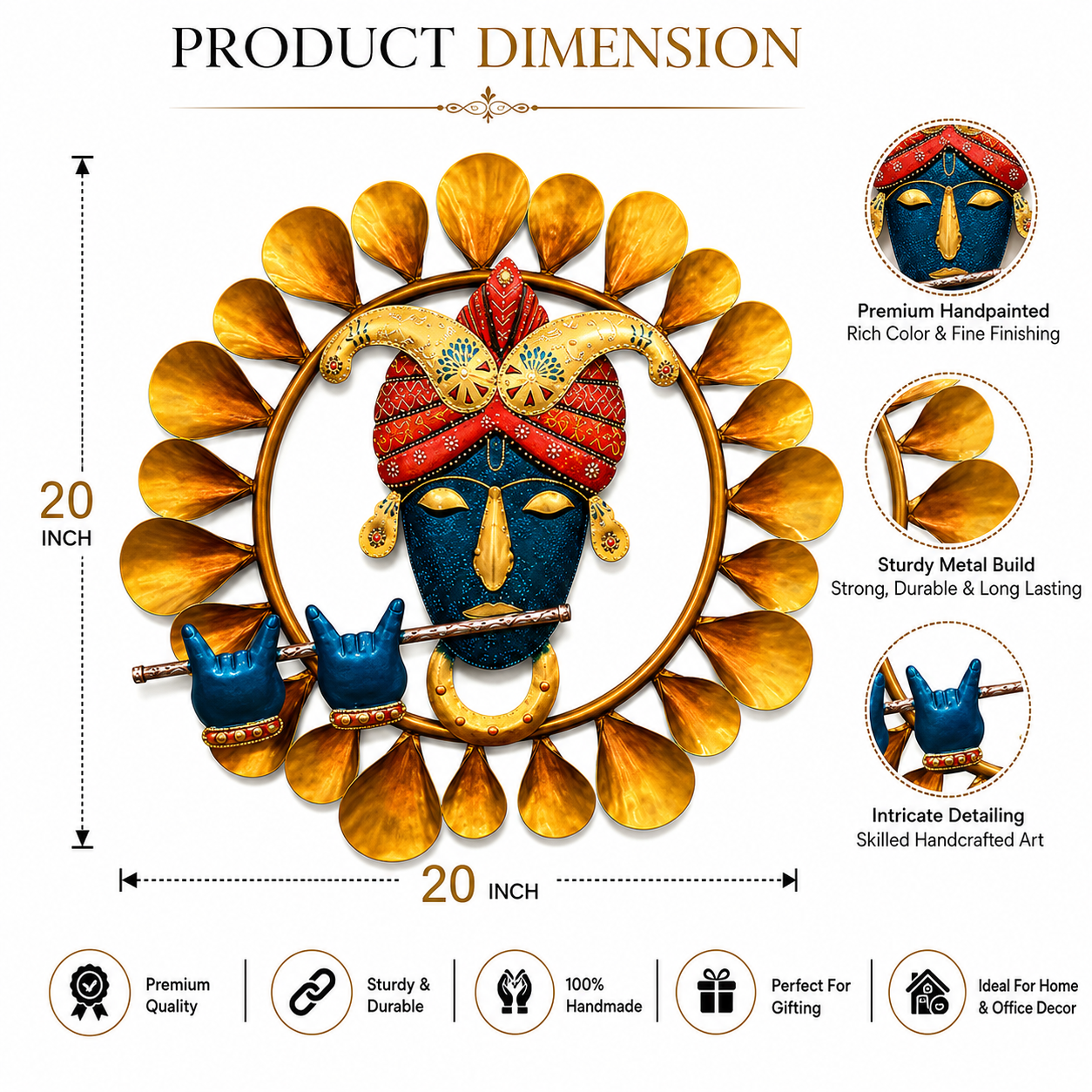 Handcrafted Metal Krishna Face Wall Decor with Flute | Round Golden Leaf Wall Hanging | Handpainted Iron Wall Art for Living Room, Bedroom & Office | 20 x 20 Inch - WYNAMIX store