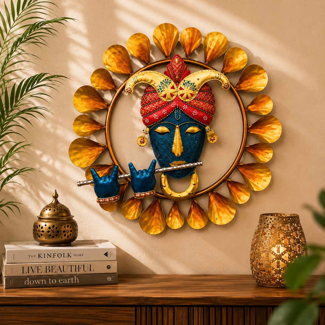 Handcrafted Metal Krishna Face Wall Decor with Flute | Round Golden Leaf Wall Hanging | Handpainted Iron Wall Art for Living Room, Bedroom & Office | 20 x 20 Inch - WYNAMIX store