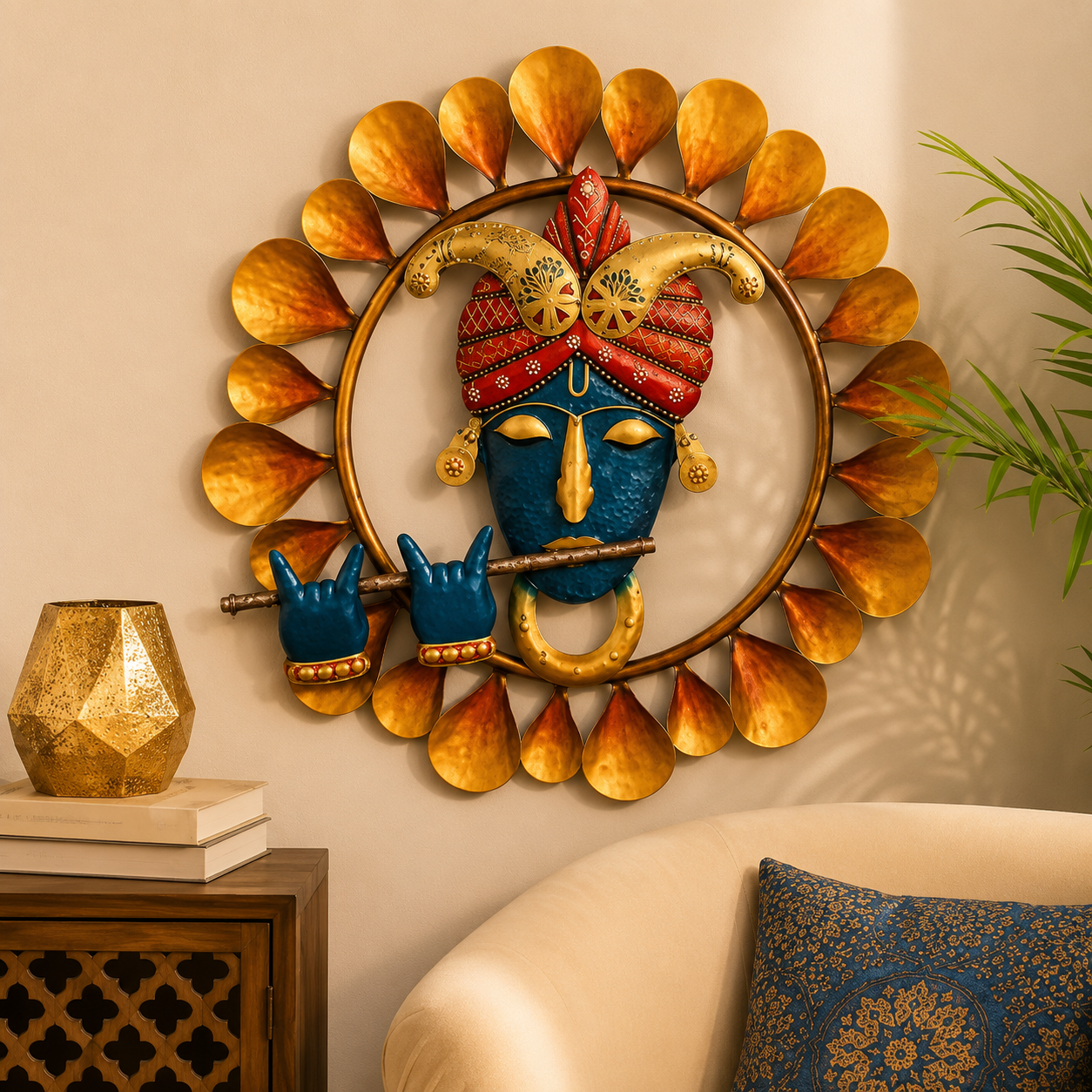 Handcrafted Metal Krishna Face Wall Decor with Flute | Round Golden Leaf Wall Hanging | Handpainted Iron Wall Art for Living Room, Bedroom & Office | 20 x 20 Inch - WYNAMIX store