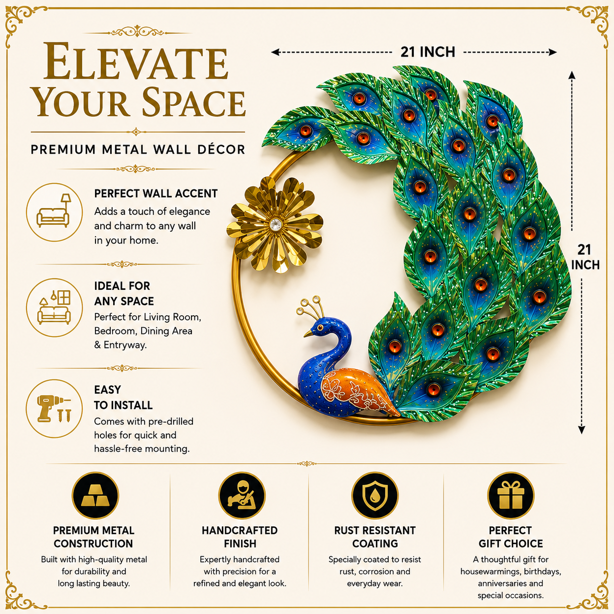 Elegant Peacock Home Decor Wall Art Metal Sculpture for Living Room and Dining Room - WYNAMIX store