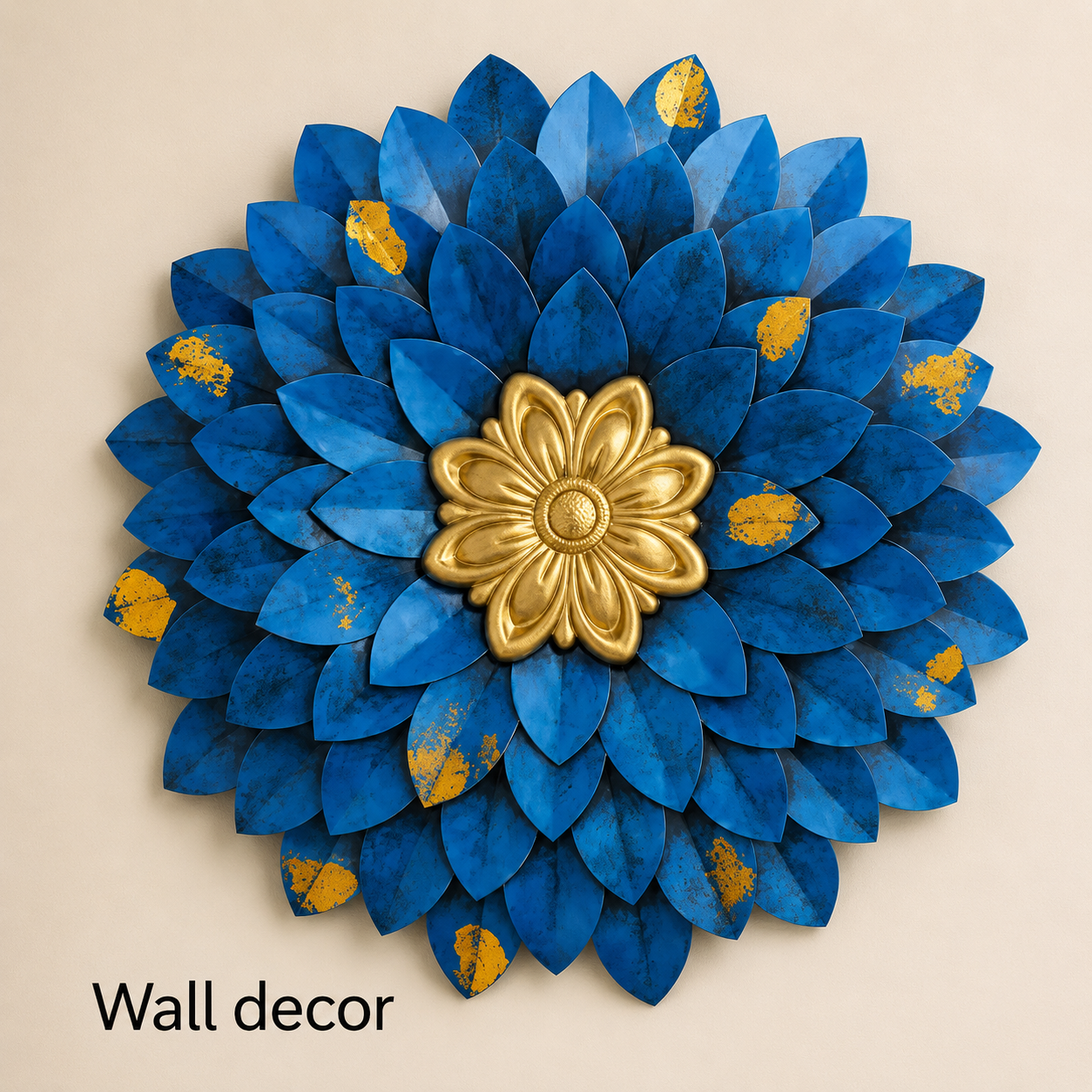 18x18 Inch Royal Blue & Gold Metal Flower Wall Art - 3D Floral Decorative Hanging for Living Room, Bedroom & Office - WYNAMIX store