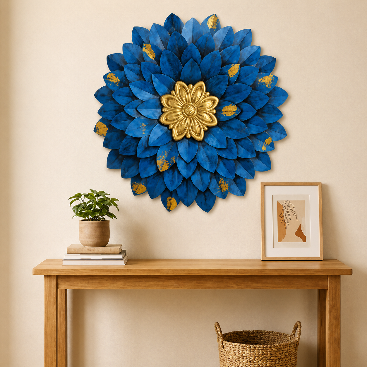 18x18 Inch Royal Blue & Gold Metal Flower Wall Art - 3D Floral Decorative Hanging for Living Room, Bedroom & Office - WYNAMIX store
