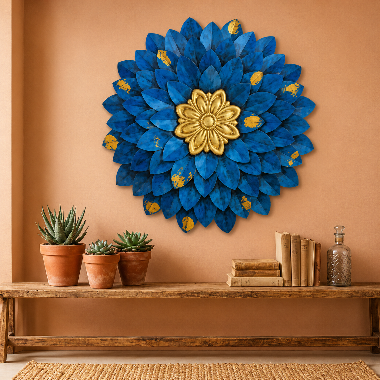 18x18 Inch Royal Blue & Gold Metal Flower Wall Art - 3D Floral Decorative Hanging for Living Room, Bedroom & Office - WYNAMIX store