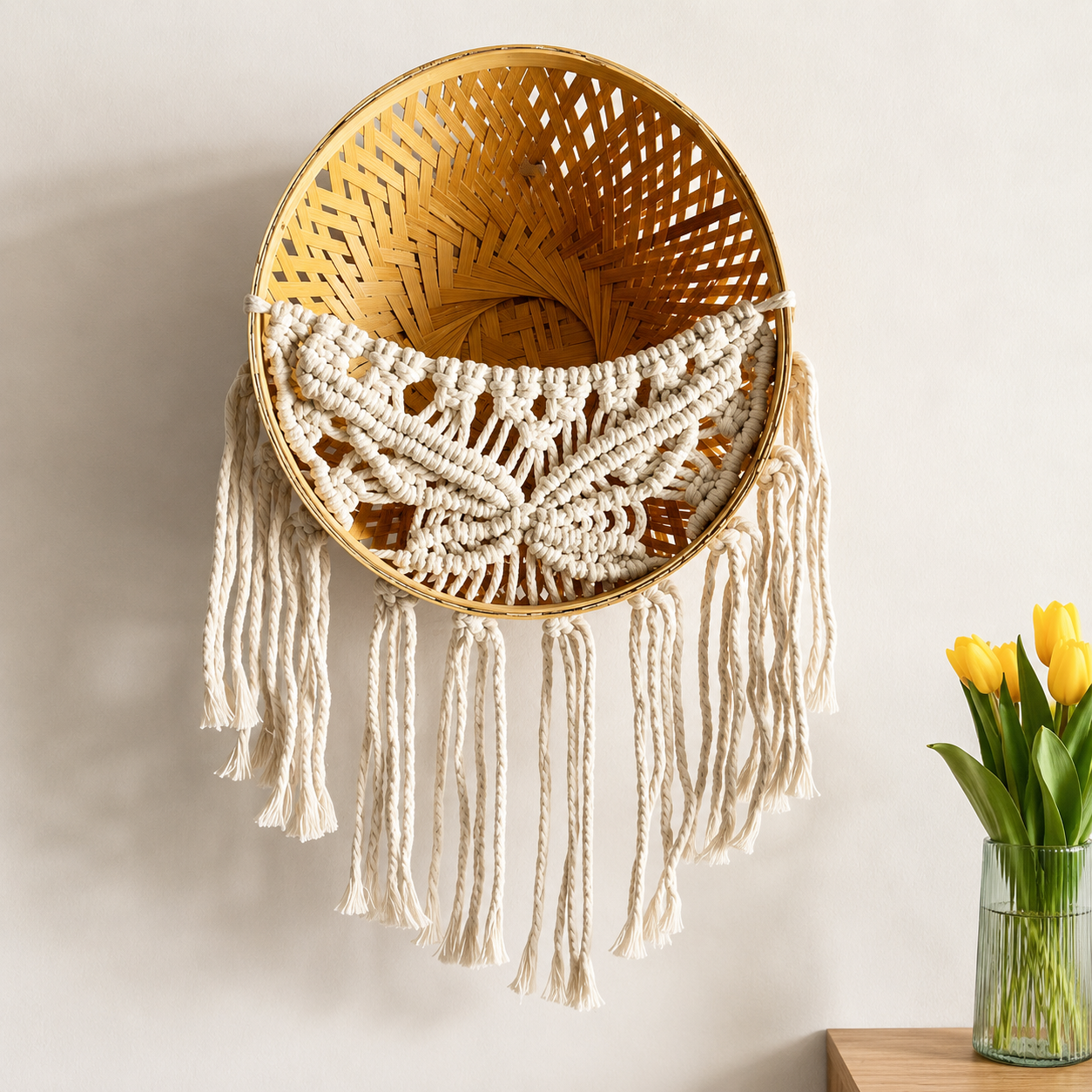 KASBA Line 9″ Off‑White Bamboo Basket – Eco‑Friendly Handcrafted Home Decor & Storage Organizer - WYNAMIX store