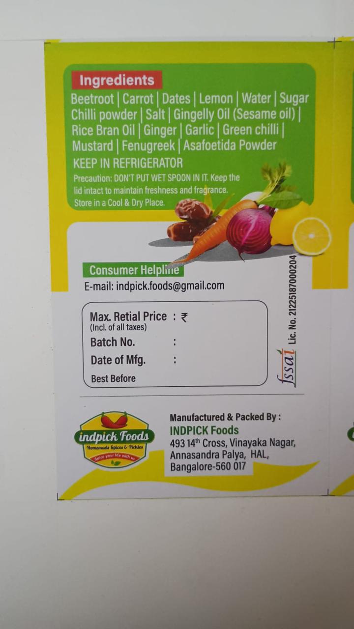 Indpick Foods Homemade Beetroot, Carrot, Dates & Lemon Mixed Pickle – 500g - WYNAMIX store