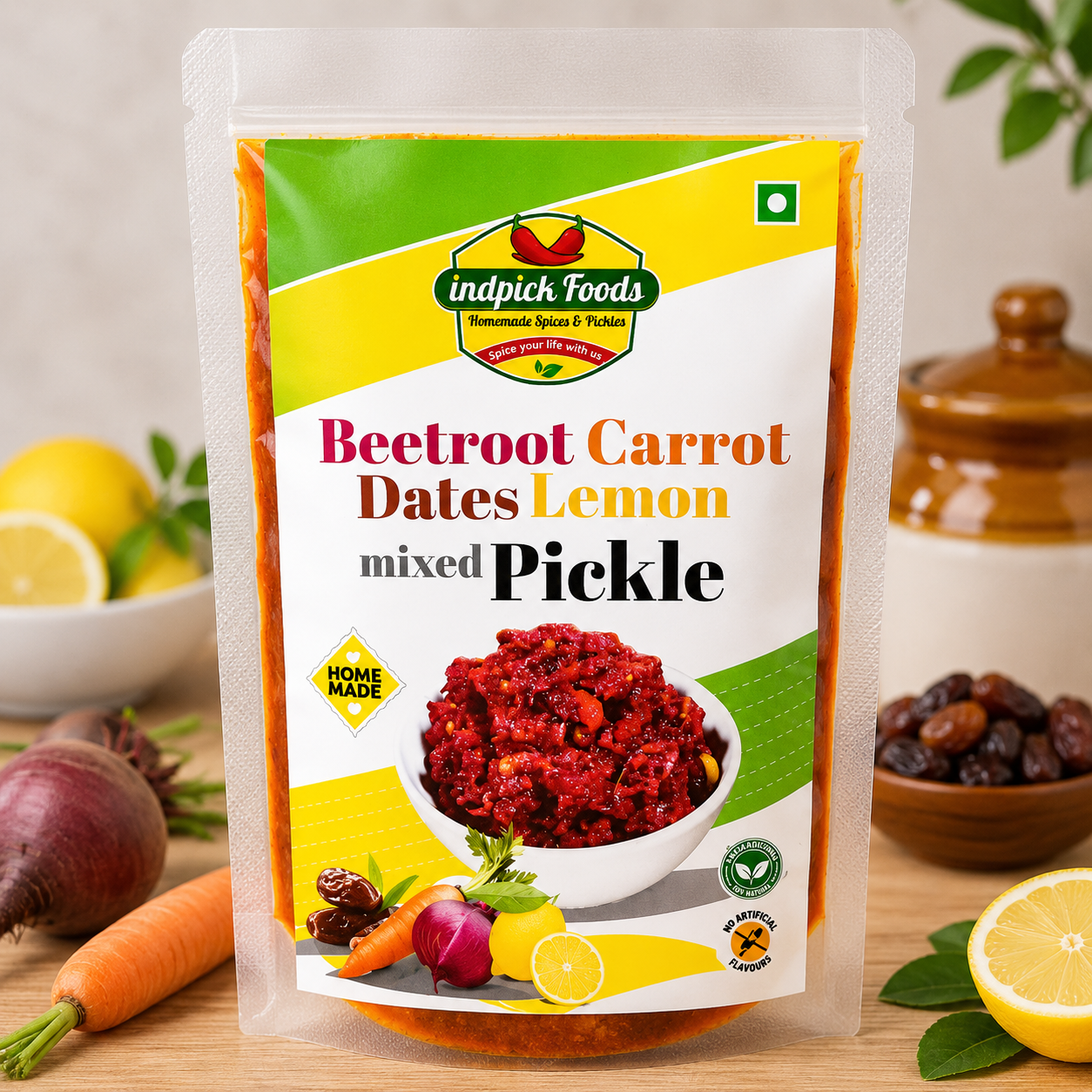 Indpick Foods Homemade Beetroot, Carrot, Dates & Lemon Mixed Pickle – 500g - WYNAMIX store
