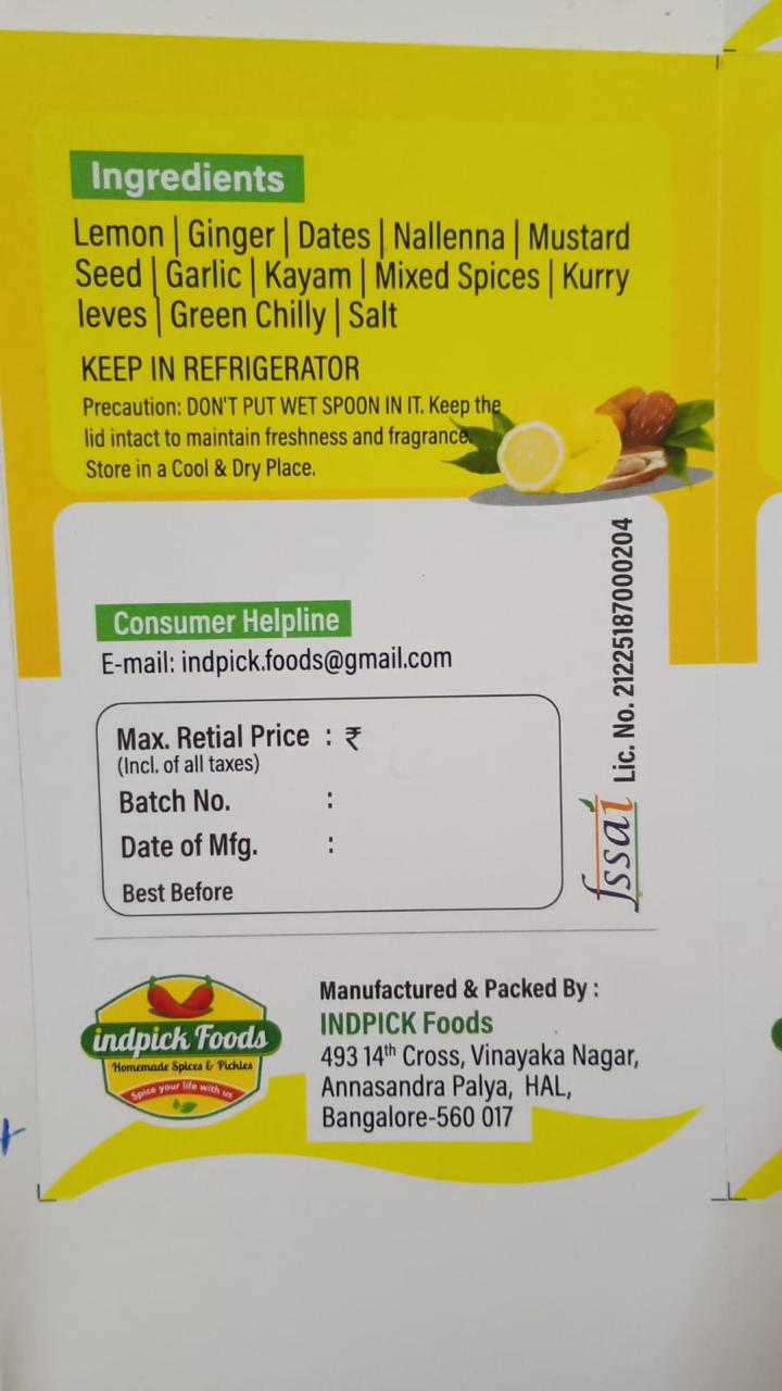 Indpick Foods Homemade Lemon Pickle – 500g | Traditional Spicy & Tangy Lemon Pickle - WYNAMIX store