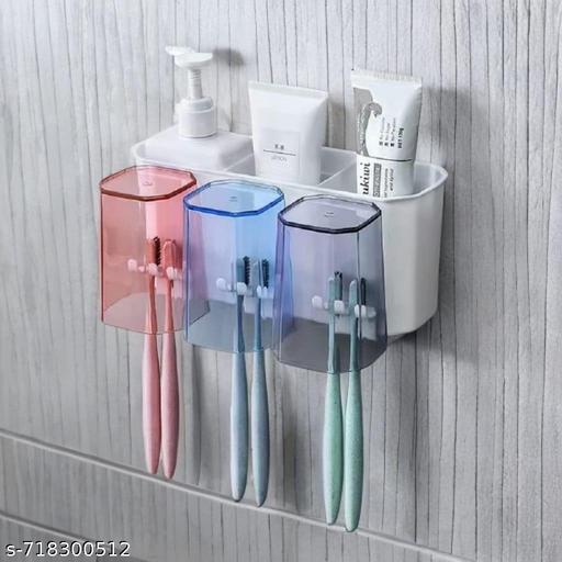 Wall Mounted Tooth Brushes Holder With 3 cup & Storage organizer Multi Brush Stand With Bathroom Toothpaste & Accessory Holder