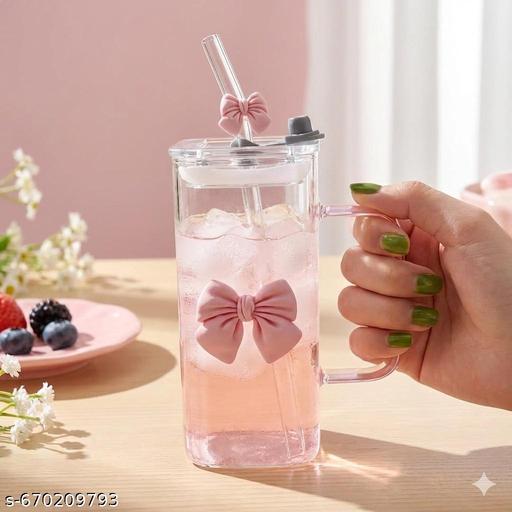 400 ml Trendy Pink Bow Cute Korean Styles Square Handle Cup with Bow Straw & Lid Aesthetic Mug for Home, Office, Café & Gift Purpose Use For Hot & Cold Beverages Iced Coffee, Milkshake, Juices, Water & Milk. #Cute Aesthetic Cup #Pink Bow Glass #Pookie Mug #Pink  - Zedshopy
